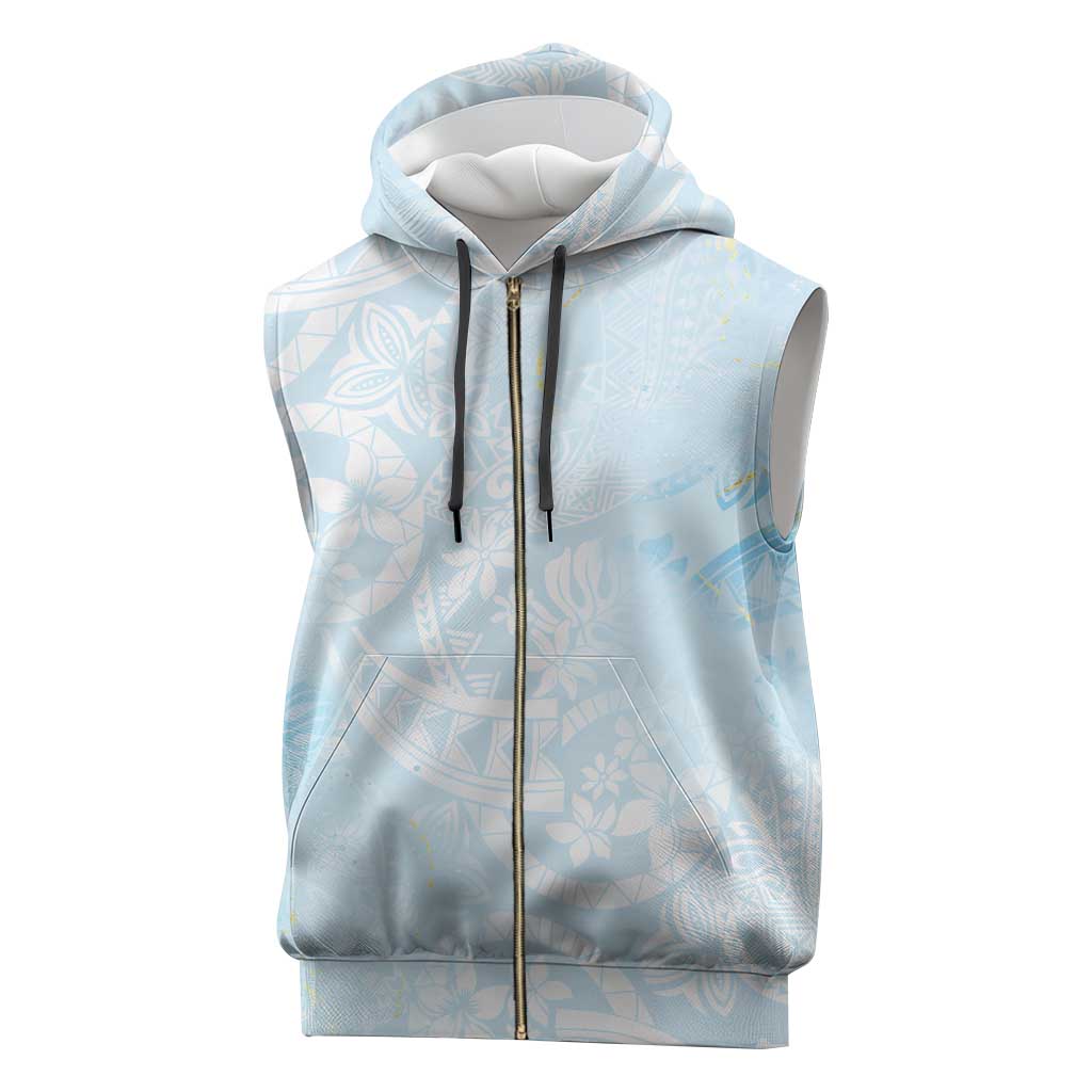 Polynesian Tiare Monstera Baby Blue Sleeveless Zip Hoodie Liquid Style - Polynesian Pride