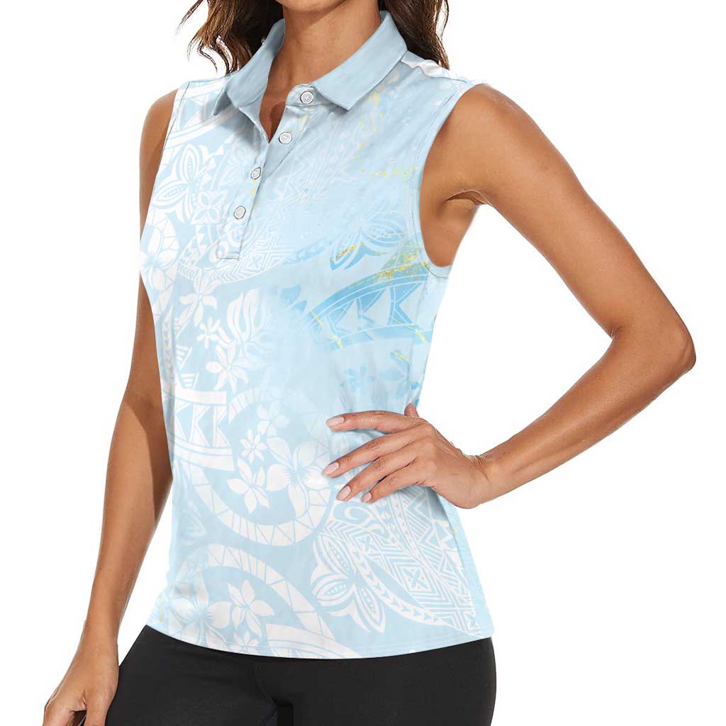 Polynesian Tiare Monstera Baby Blue Women Sleeveless Polo Shirt Liquid Style - Polynesian Pride