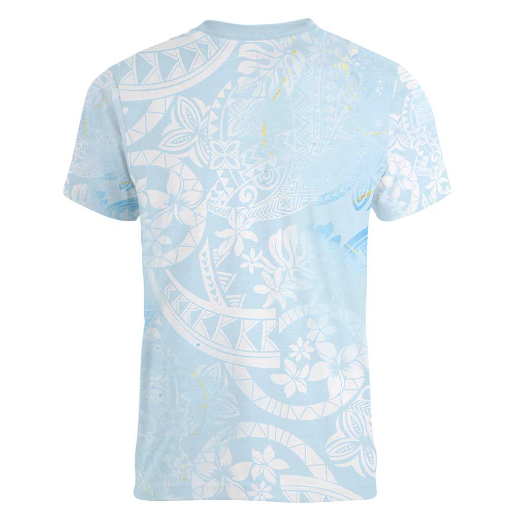 Polynesian Tiare Monstera Baby Blue Women V-Neck T-Shirt Liquid Style - Polynesian Pride
