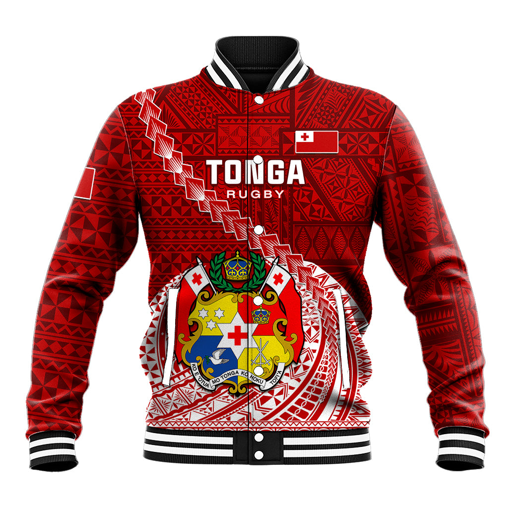 Tonga Rugby Baseball Jacket Tongan Ngatu Pattern White Version LT01 Unisex Red - Polynesian Pride