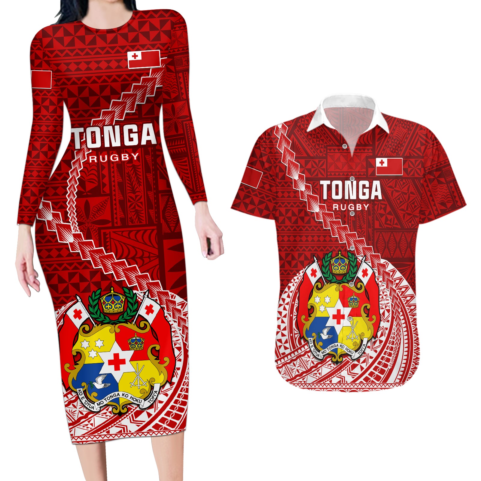 Tonga Rugby Couples Matching Long Sleeve Bodycon Dress and Hawaiian Shirt Tongan Ngatu Pattern White Version LT01 Red - Polynesian Pride