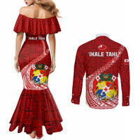 Tonga Rugby Couples Matching Mermaid Dress and Long Sleeve Button Shirts Tongan Ngatu Pattern White Version LT01 - Polynesian Pride