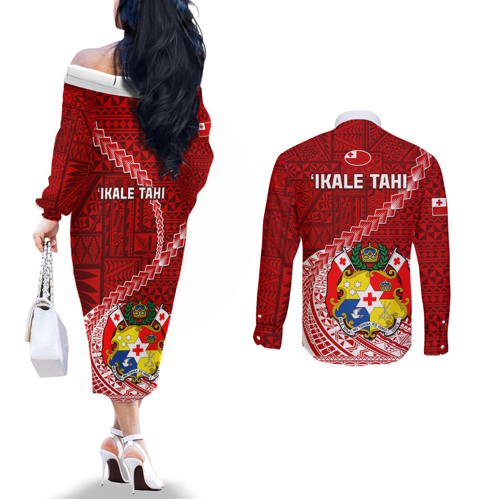 Tonga Rugby Couples Matching Off The Shoulder Long Sleeve Dress and Long Sleeve Button Shirts Tongan Ngatu Pattern White Version LT01 - Polynesian Pride