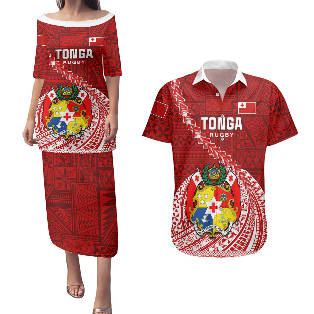 Tonga Rugby Couples Matching Puletasi Dress and Hawaiian Shirt Tongan Ngatu Pattern White Version LT01 Red - Polynesian Pride