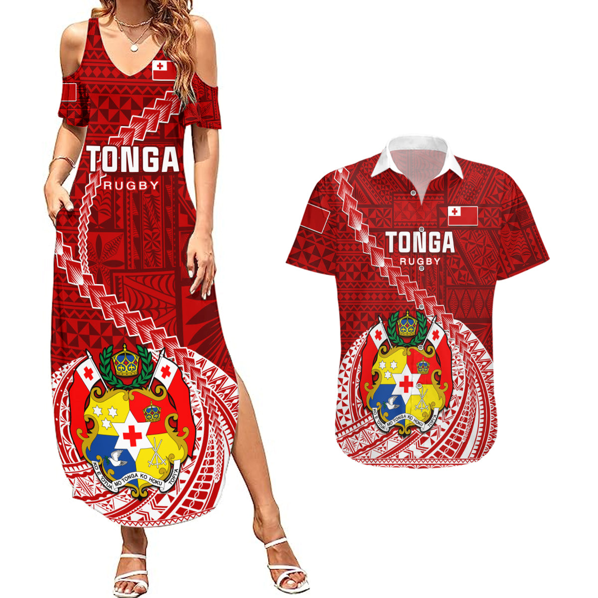 Tonga Rugby Couples Matching Summer Maxi Dress and Hawaiian Shirt Tongan Ngatu Pattern White Version LT01 Red - Polynesian Pride