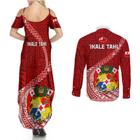 Tonga Rugby Couples Matching Summer Maxi Dress and Long Sleeve Button Shirts Tongan Ngatu Pattern White Version LT01 - Polynesian Pride