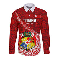 Tonga Rugby Long Sleeve Button Shirt Tongan Ngatu Pattern White Version LT01 Unisex Red - Polynesian Pride