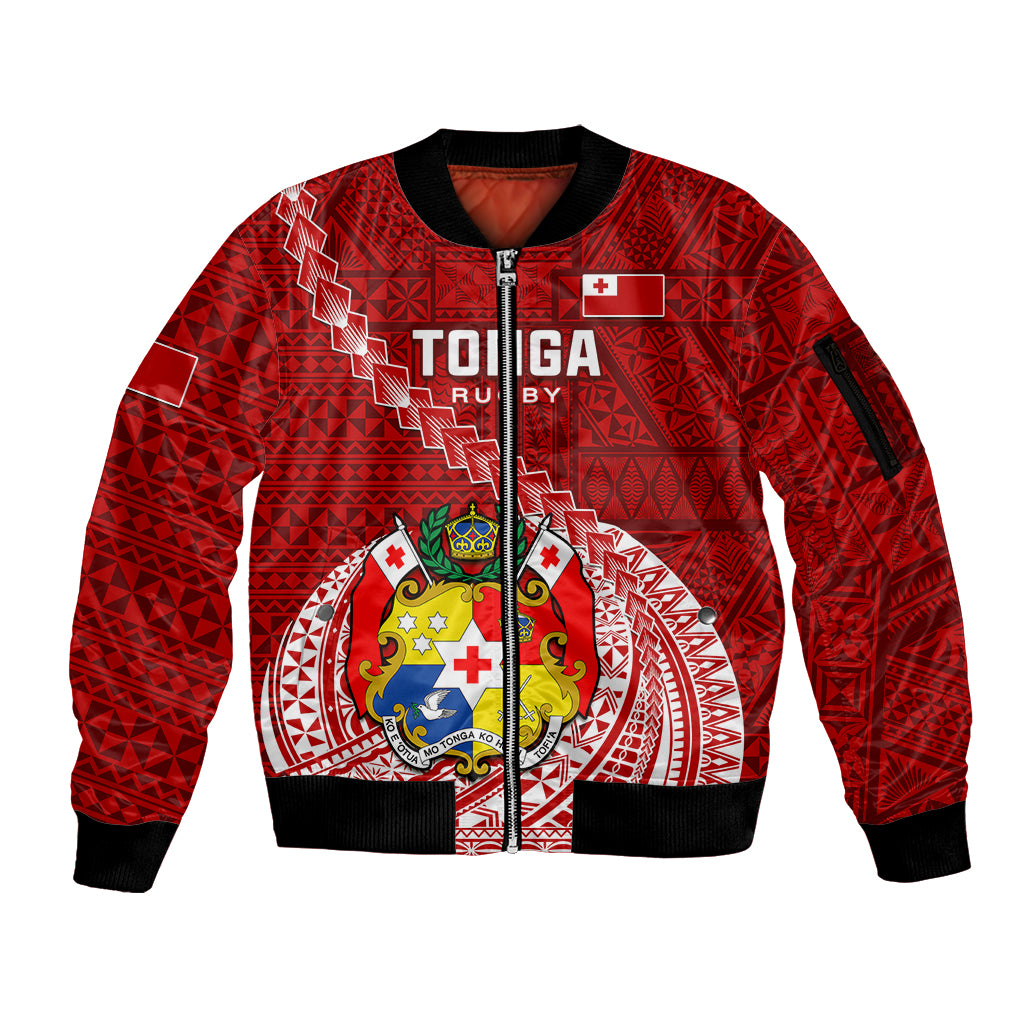 Tonga Rugby Sleeve Zip Bomber Jacket Tongan Ngatu Pattern White Version LT01 Unisex Red - Polynesian Pride