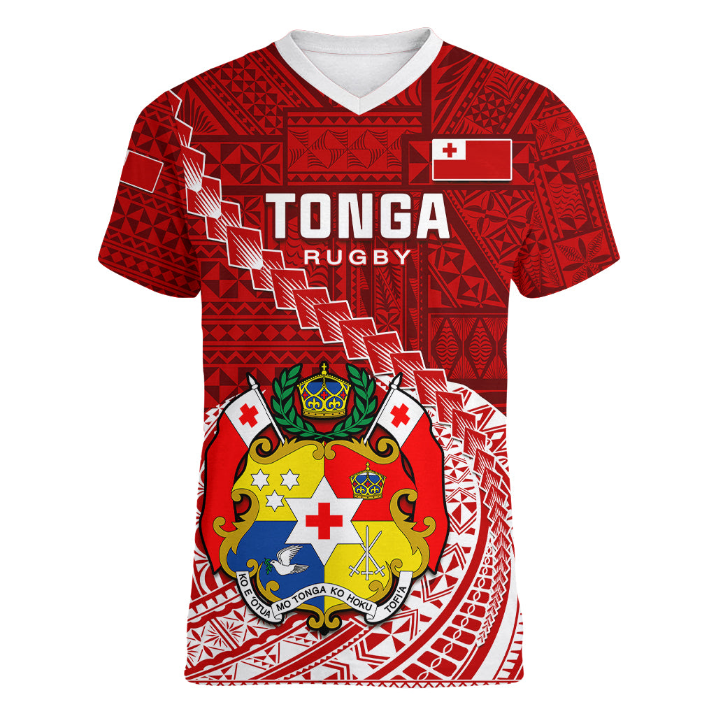 Tonga Rugby Women V Neck T Shirt Tongan Ngatu Pattern White Version LT01 Female Red - Polynesian Pride