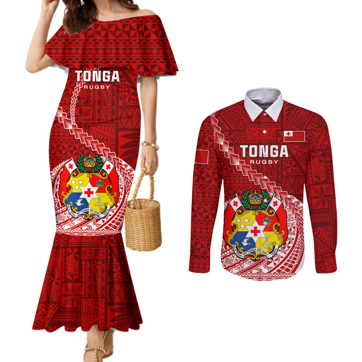 Custom Tonga Rugby Couples Matching Mermaid Dress and Long Sleeve Button Shirts Tongan Ngatu Pattern White Version LT01 Red - Polynesian Pride