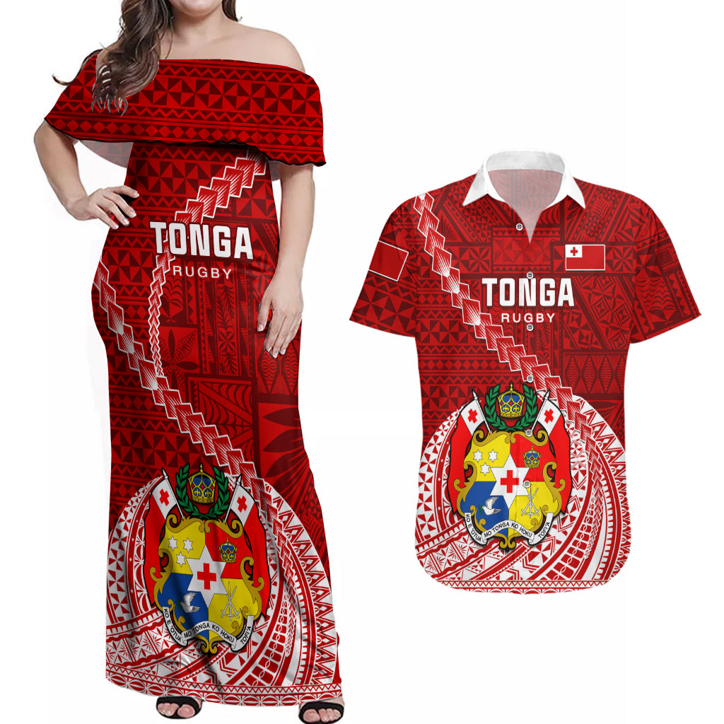 Custom Tonga Rugby Couples Matching Off Shoulder Maxi Dress and Hawaiian Shirt Tongan Ngatu Pattern White Version LT01 Red - Polynesian Pride