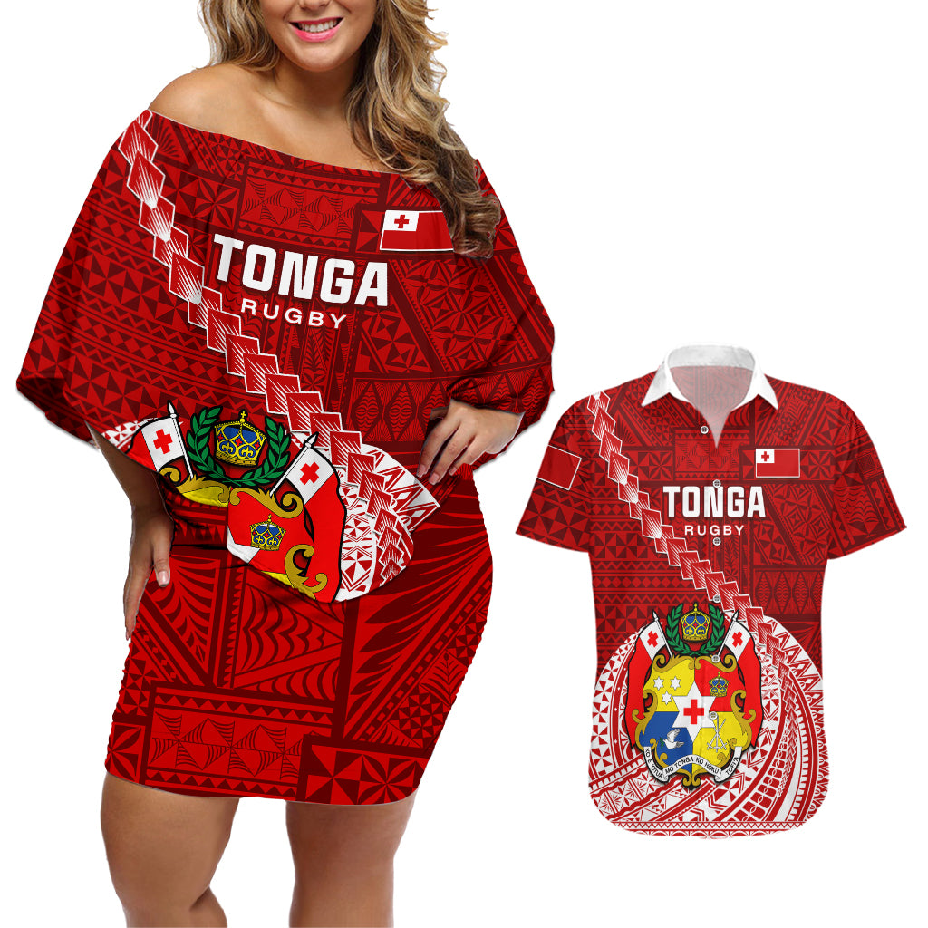 Custom Tonga Rugby Couples Matching Off Shoulder Short Dress and Hawaiian Shirt Tongan Ngatu Pattern White Version LT01 Red - Polynesian Pride