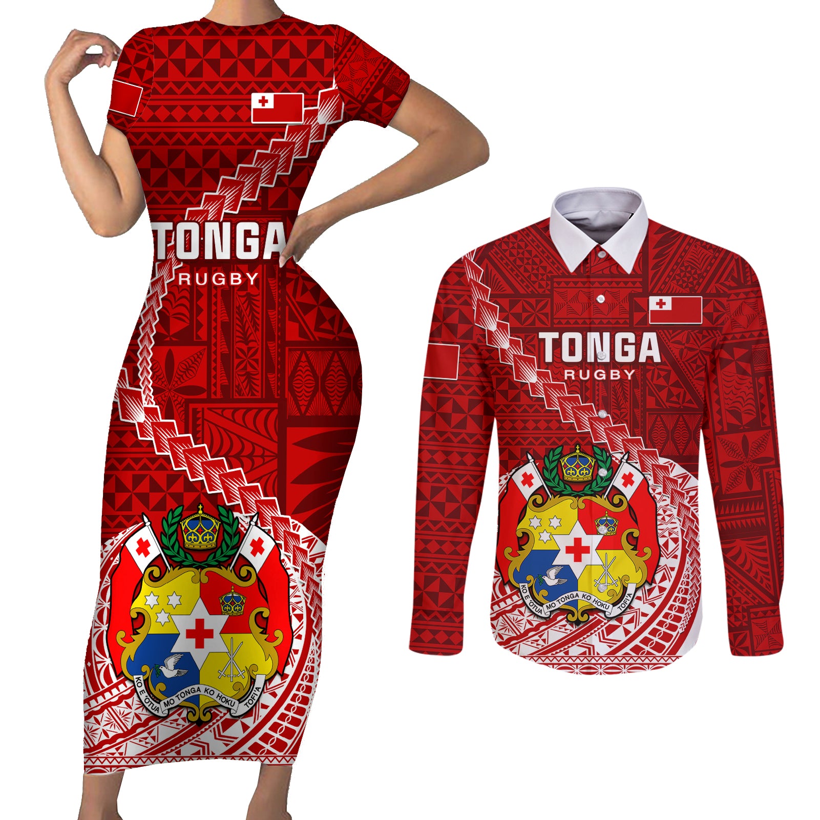 Custom Tonga Rugby Couples Matching Short Sleeve Bodycon Dress and Long Sleeve Button Shirts Tongan Ngatu Pattern White Version LT01 Red - Polynesian Pride