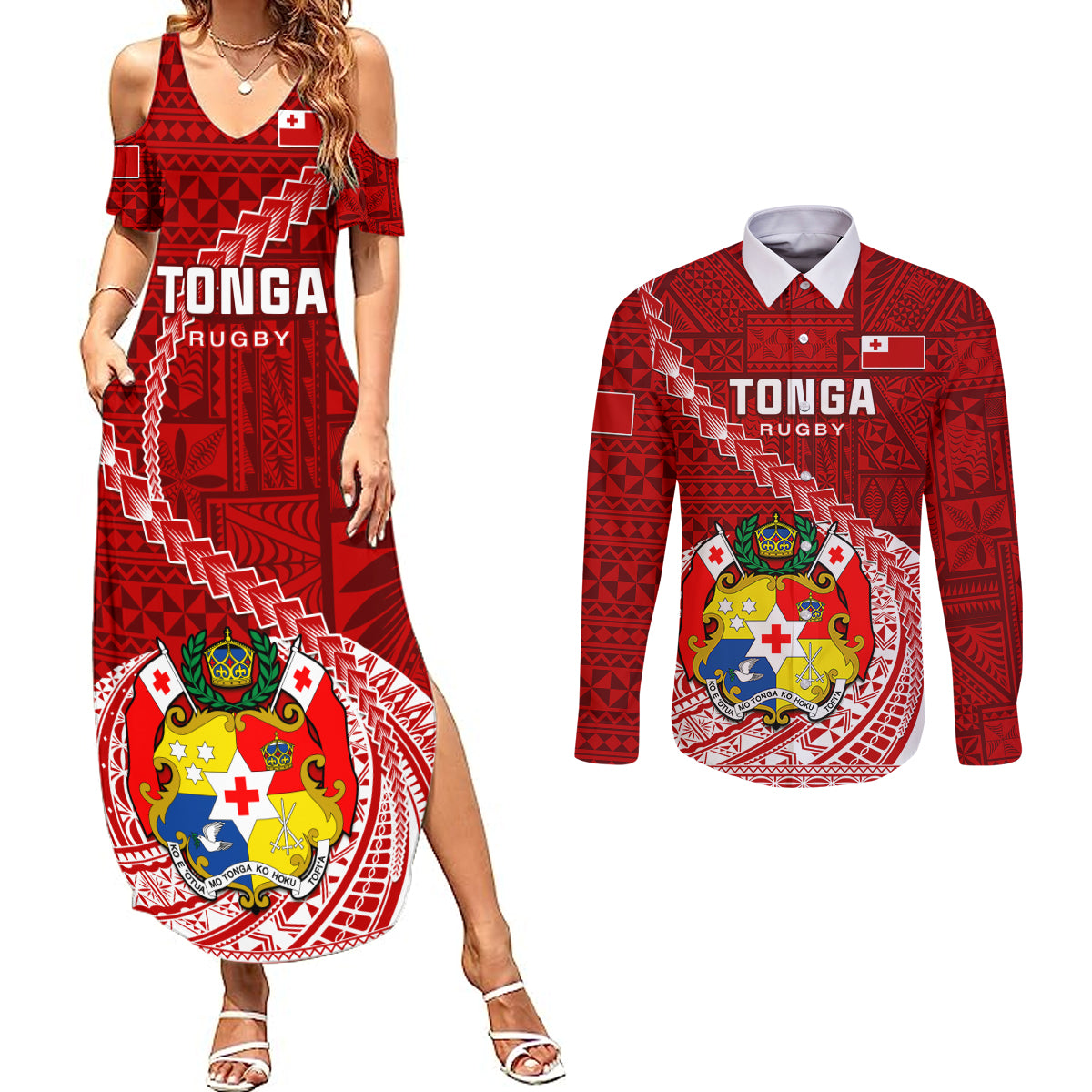 Custom Tonga Rugby Couples Matching Summer Maxi Dress and Long Sleeve Button Shirts Tongan Ngatu Pattern White Version LT01 Red - Polynesian Pride