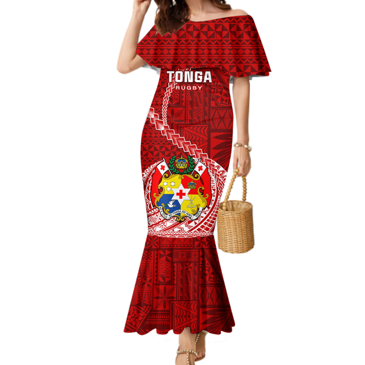 Custom Tonga Rugby Mermaid Dress Tongan Ngatu Pattern White Version LT01 Women Red - Polynesian Pride