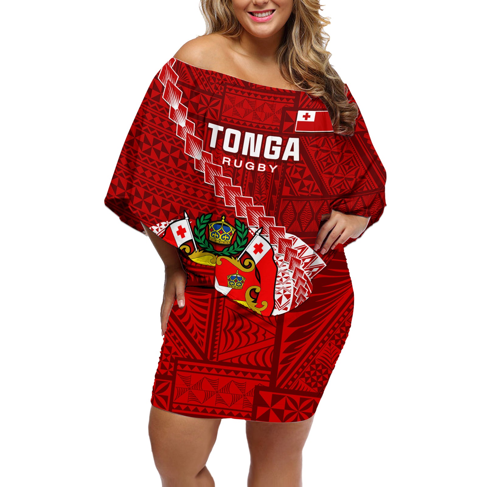 Custom Tonga Rugby Off Shoulder Short Dress Tongan Ngatu Pattern White Version LT01 Women Red - Polynesian Pride