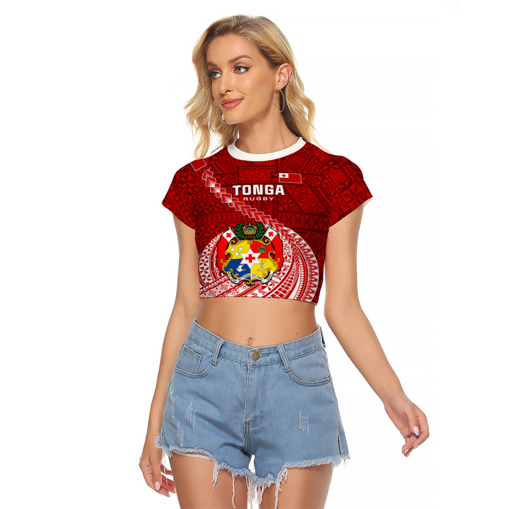 Custom Tonga Rugby Raglan Cropped T Shirt Tongan Ngatu Pattern White Version LT01 Female Red - Polynesian Pride