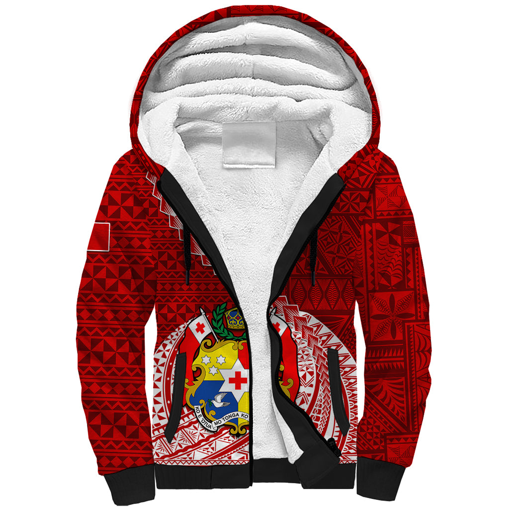 Custom Tonga Rugby Sherpa Hoodie Tongan Ngatu Pattern White Version LT01 Unisex Red - Polynesian Pride