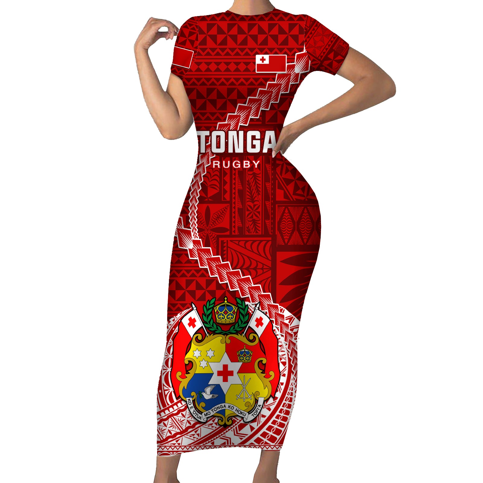 Custom Tonga Rugby Short Sleeve Bodycon Dress Tongan Ngatu Pattern White Version LT01 Long Dress Red - Polynesian Pride