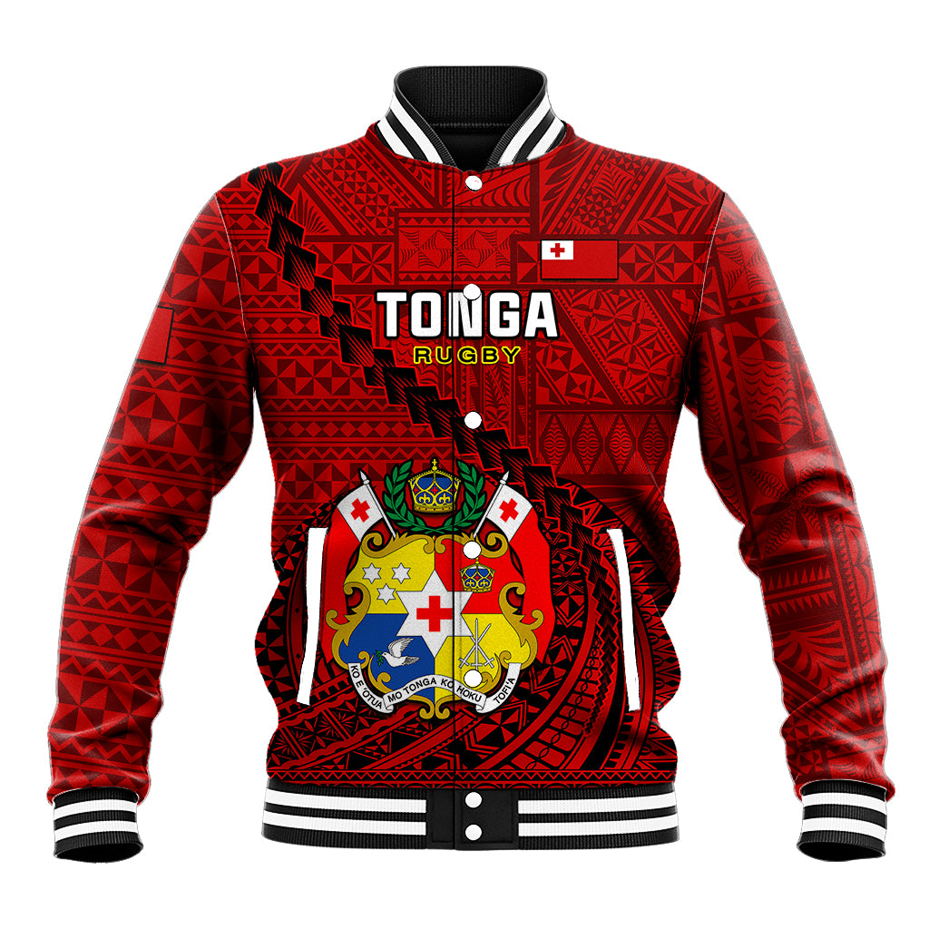 Tonga Rugby Baseball Jacket Tongan Ngatu Pattern Black Version LT01 Unisex Red - Polynesian Pride