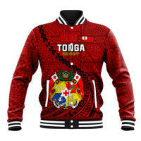 Tonga Rugby Baseball Jacket Tongan Ngatu Pattern Black Version LT01 Unisex Red - Polynesian Pride