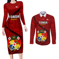 Tonga Rugby Couples Matching Long Sleeve Bodycon Dress and Long Sleeve Button Shirts Tongan Ngatu Pattern Black Version LT01 Red - Polynesian Pride