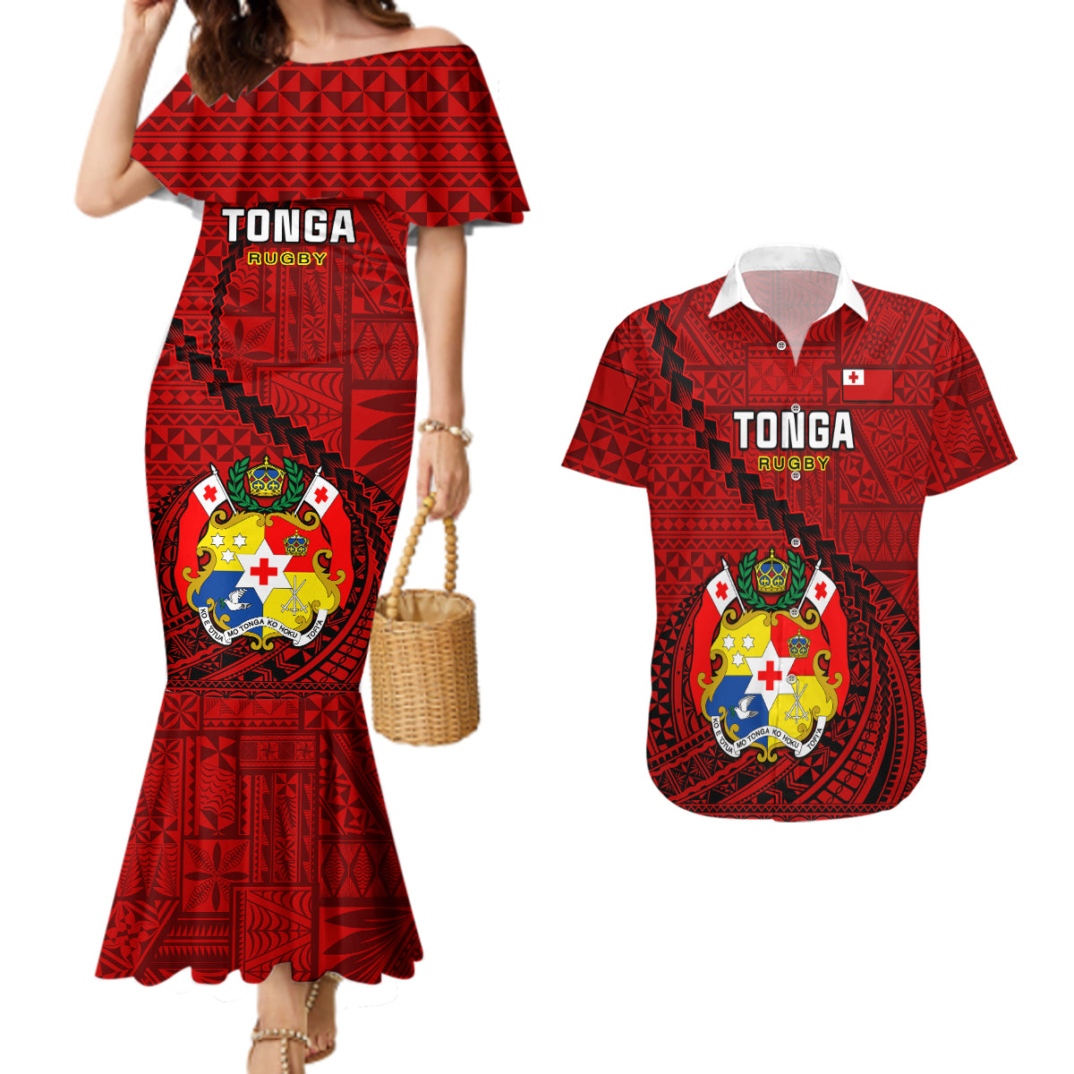 Tonga Rugby Couples Matching Mermaid Dress and Hawaiian Shirt Tongan Ngatu Pattern Black Version LT01 Red - Polynesian Pride