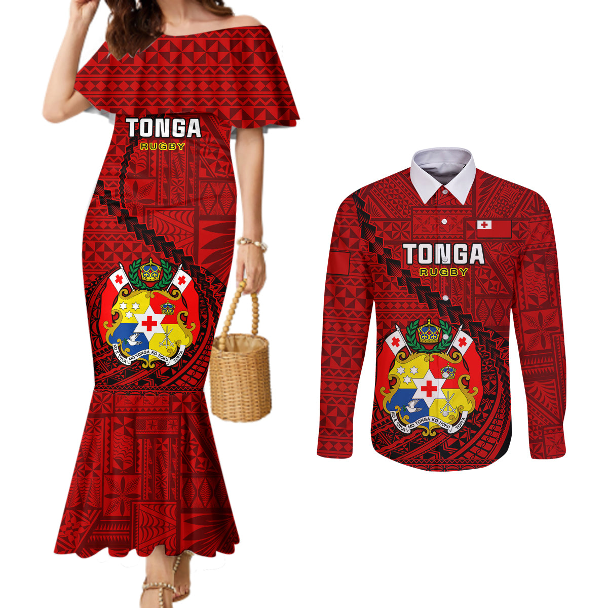 Tonga Rugby Couples Matching Mermaid Dress and Long Sleeve Button Shirts Tongan Ngatu Pattern Black Version LT01 Red - Polynesian Pride