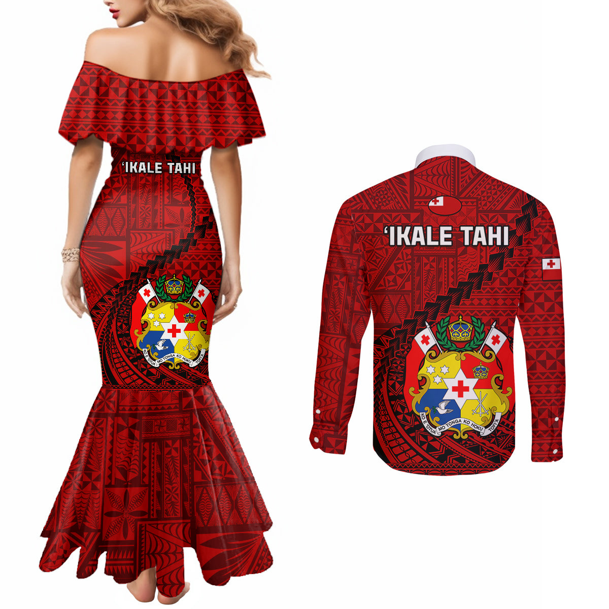 Tonga Rugby Couples Matching Mermaid Dress and Long Sleeve Button Shirts Tongan Ngatu Pattern Black Version LT01 - Polynesian Pride