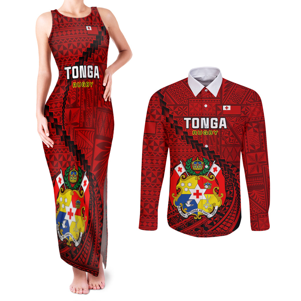 Tonga Rugby Couples Matching Tank Maxi Dress and Long Sleeve Button Shirts Tongan Ngatu Pattern Black Version LT01 Red - Polynesian Pride