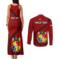 Tonga Rugby Couples Matching Tank Maxi Dress and Long Sleeve Button Shirts Tongan Ngatu Pattern Black Version LT01 - Polynesian Pride