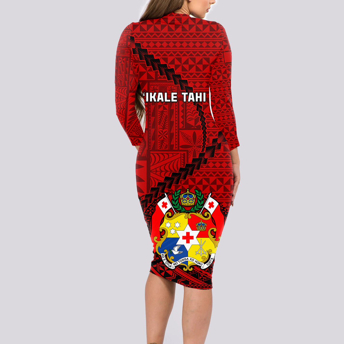 Tonga Rugby Long Sleeve Bodycon Dress Tongan Ngatu Pattern Black Version LT01 - Polynesian Pride