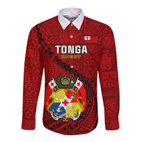Tonga Rugby Long Sleeve Button Shirt Tongan Ngatu Pattern Black Version LT01 Unisex Red - Polynesian Pride