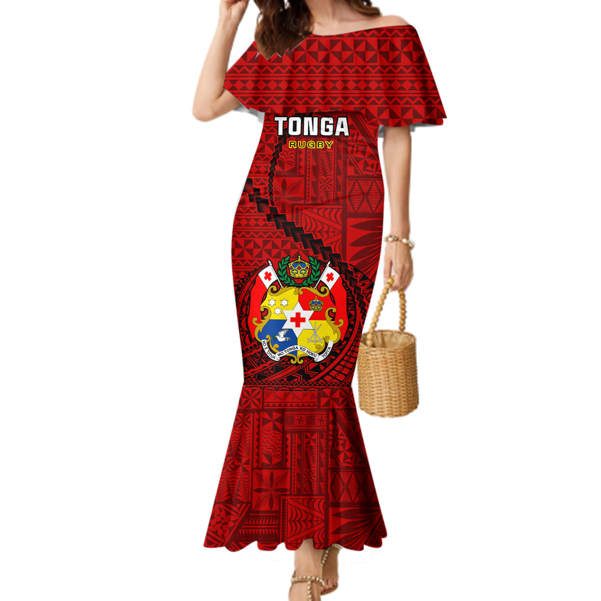 Tonga Rugby Mermaid Dress Tongan Ngatu Pattern Black Version LT01 Women Red - Polynesian Pride