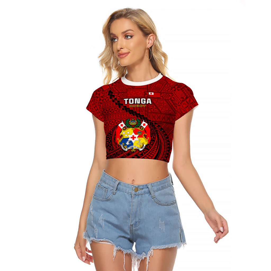 Tonga Rugby Raglan Cropped T Shirt Tongan Ngatu Pattern Black Version LT01 Female Red - Polynesian Pride