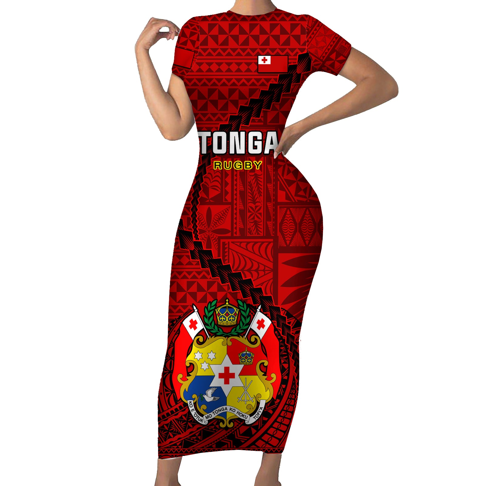 Tonga Rugby Short Sleeve Bodycon Dress Tongan Ngatu Pattern Black Version LT01 Long Dress Red - Polynesian Pride