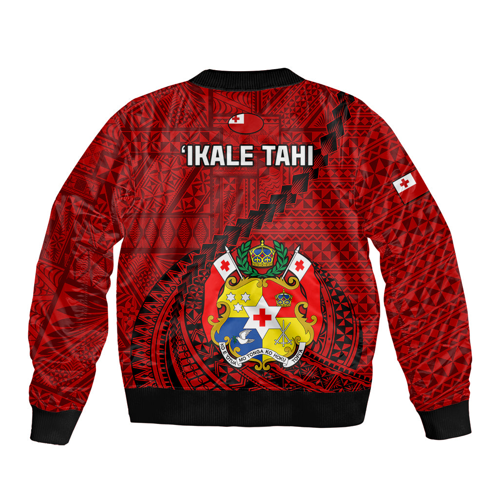 Tonga Rugby Sleeve Zip Bomber Jacket Tongan Ngatu Pattern Black Version LT01 - Polynesian Pride