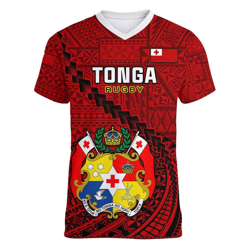 Tonga Rugby Women V Neck T Shirt Tongan Ngatu Pattern Black Version LT01 Female Red - Polynesian Pride