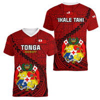 Tonga Rugby Women V Neck T Shirt Tongan Ngatu Pattern Black Version LT01 - Polynesian Pride