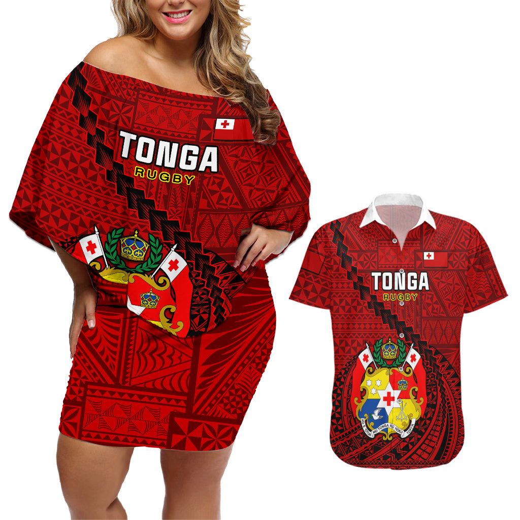 Custom Tonga Rugby Couples Matching Off Shoulder Short Dress and Hawaiian Shirt Tongan Ngatu Pattern Black Version LT01 Red - Polynesian Pride