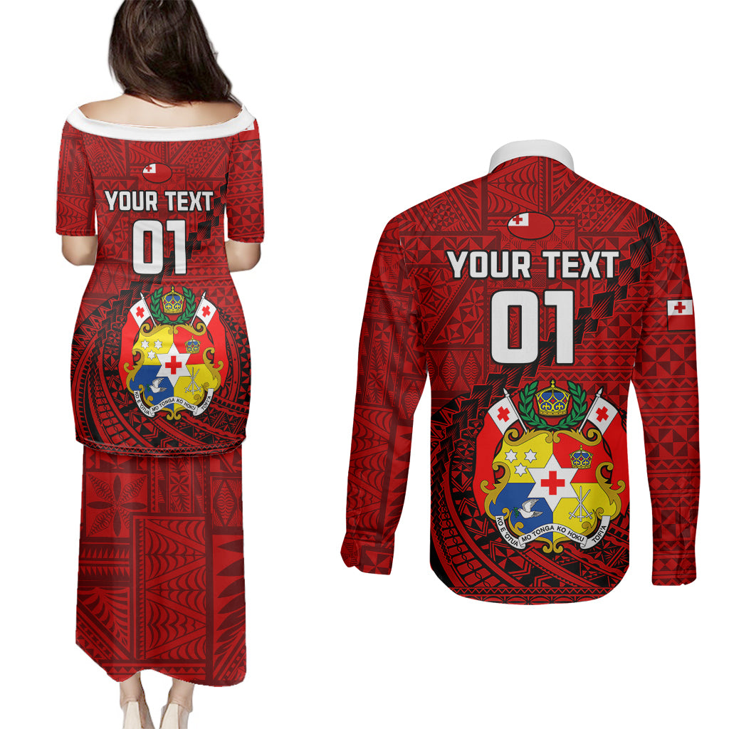 Custom Tonga Rugby Couples Matching Puletasi Dress and Long Sleeve Button Shirts Tongan Ngatu Pattern Black Version LT01 - Polynesian Pride