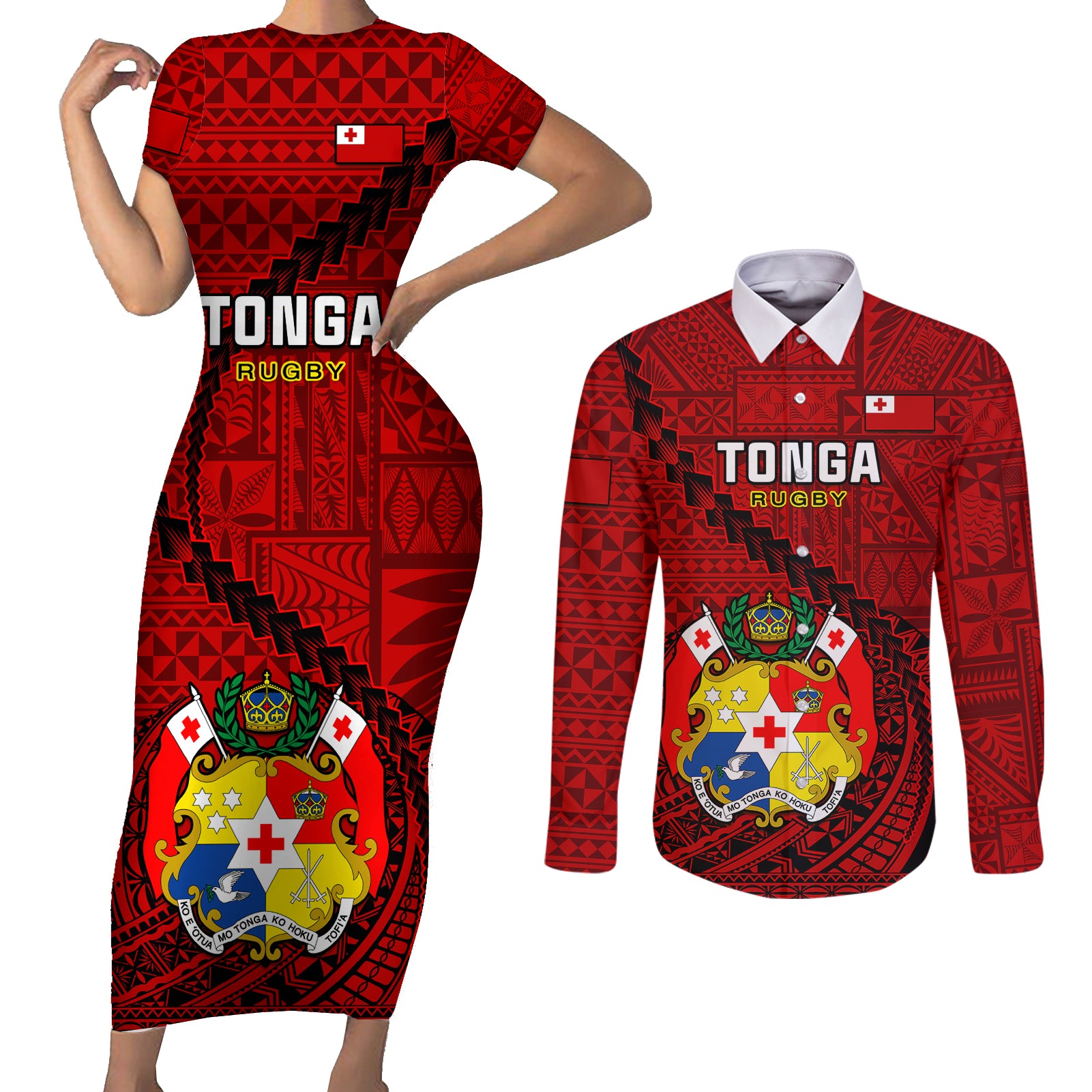 Custom Tonga Rugby Couples Matching Short Sleeve Bodycon Dress and Long Sleeve Button Shirts Tongan Ngatu Pattern Black Version LT01 Red - Polynesian Pride