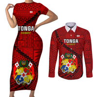 Custom Tonga Rugby Couples Matching Short Sleeve Bodycon Dress and Long Sleeve Button Shirts Tongan Ngatu Pattern Black Version LT01 Red - Polynesian Pride