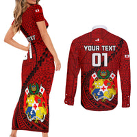 Custom Tonga Rugby Couples Matching Short Sleeve Bodycon Dress and Long Sleeve Button Shirts Tongan Ngatu Pattern Black Version LT01 - Polynesian Pride