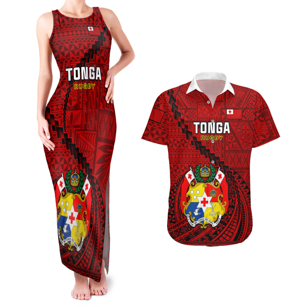 Custom Tonga Rugby Couples Matching Tank Maxi Dress and Hawaiian Shirt Tongan Ngatu Pattern Black Version LT01 Red - Polynesian Pride