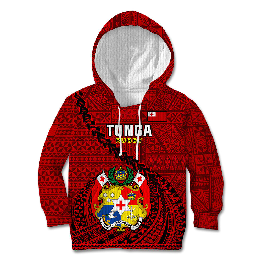 Custom Tonga Rugby Kid Hoodie Tongan Ngatu Pattern Black Version LT01 Red - Polynesian Pride