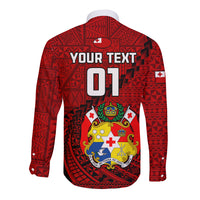 Custom Tonga Rugby Long Sleeve Button Shirt Tongan Ngatu Pattern Black Version LT01 - Polynesian Pride