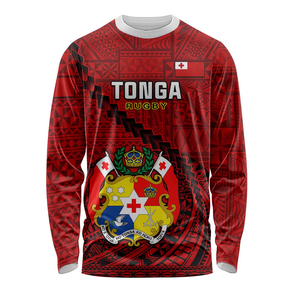 Custom Tonga Rugby Long Sleeve Shirt Tongan Ngatu Pattern Black Version LT01 Unisex Red - Polynesian Pride