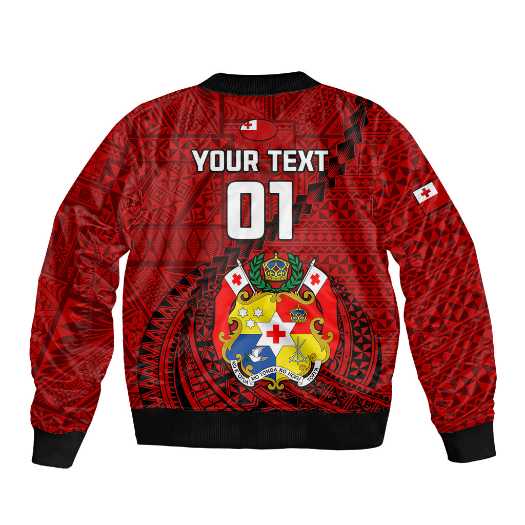 Custom Tonga Rugby Sleeve Zip Bomber Jacket Tongan Ngatu Pattern Black Version LT01 - Polynesian Pride