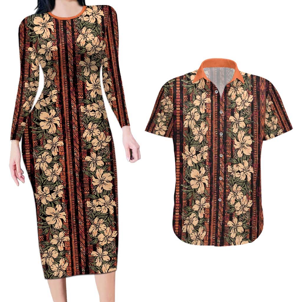 Hawaii Hibiscus Couples Matching Long Sleeve Bodycon Dress and Hawaiian Shirt Retro Style LT01 Brown - Polynesian Pride